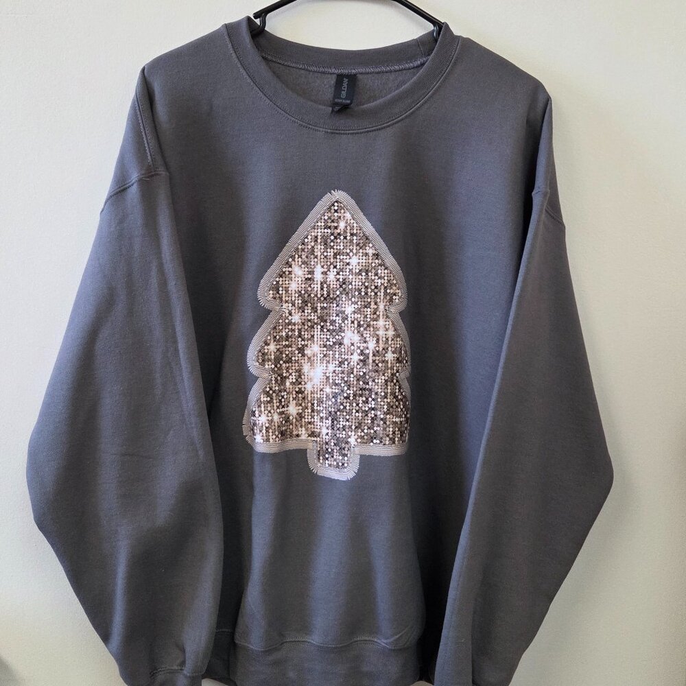 Large Faux Gold Embroidery Christmas Tree Charcoal Sweatshirt - Picture 1 of 5